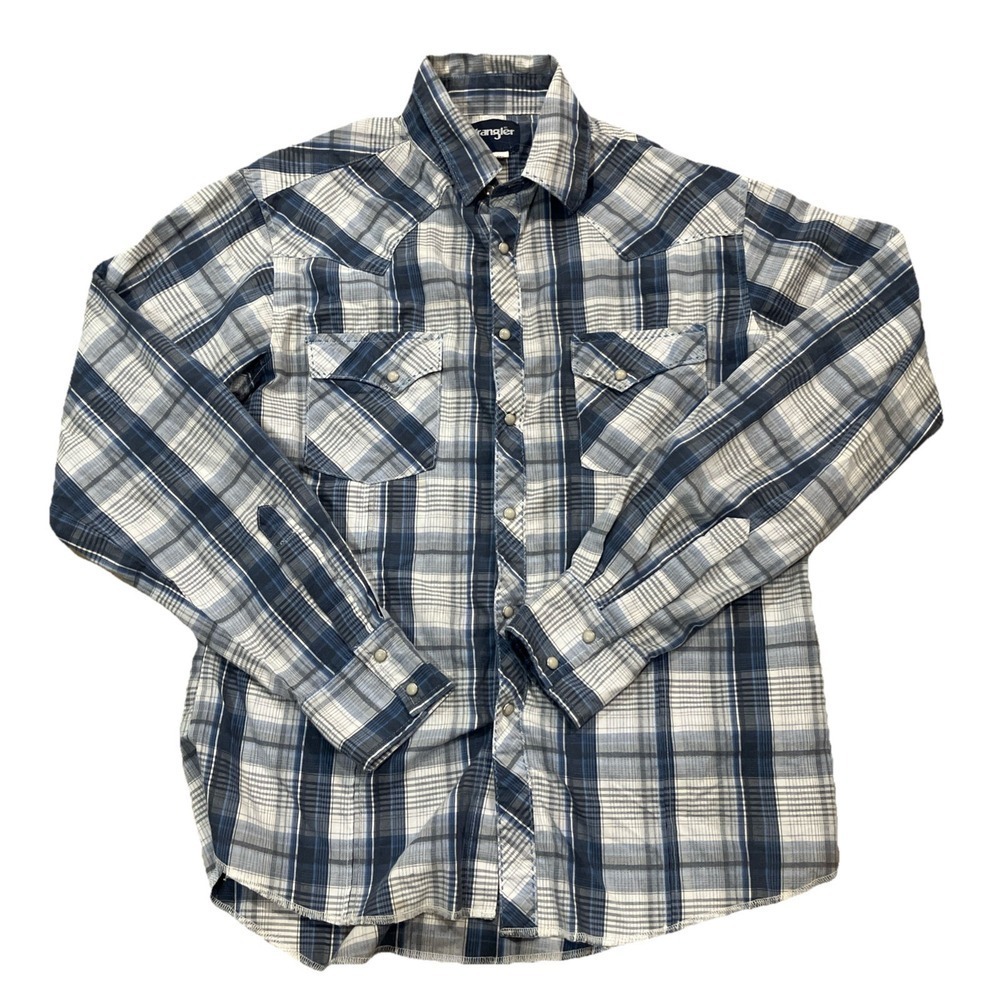 Wrangler Pearl Snap Long Sleeve Button Down Shirt M Blue